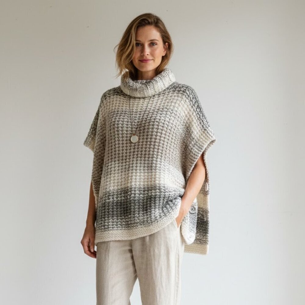 Chunky Knit Sea Color Turtleneck Poncho Sweater | Best Fit S/M